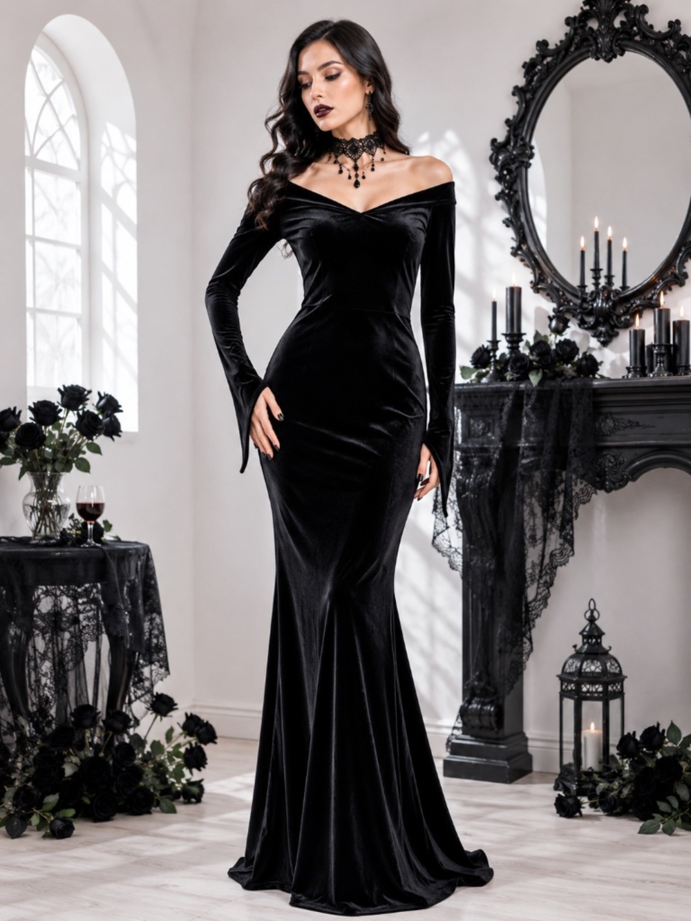 Women’s Velvet Goth Black Long Sleeved Maxi Dress Plus Size XXL